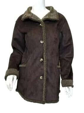 LL Bean Faux Suede Brown Shearling Sherpa Coat Lined Coat Women's Petite Large